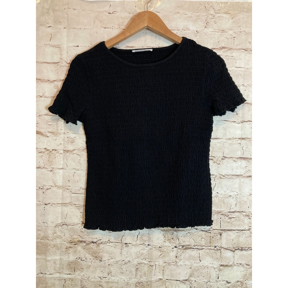Elodie Crop Top Womens Medium Black Smocked Cropped Textured‎ Short Sleeve